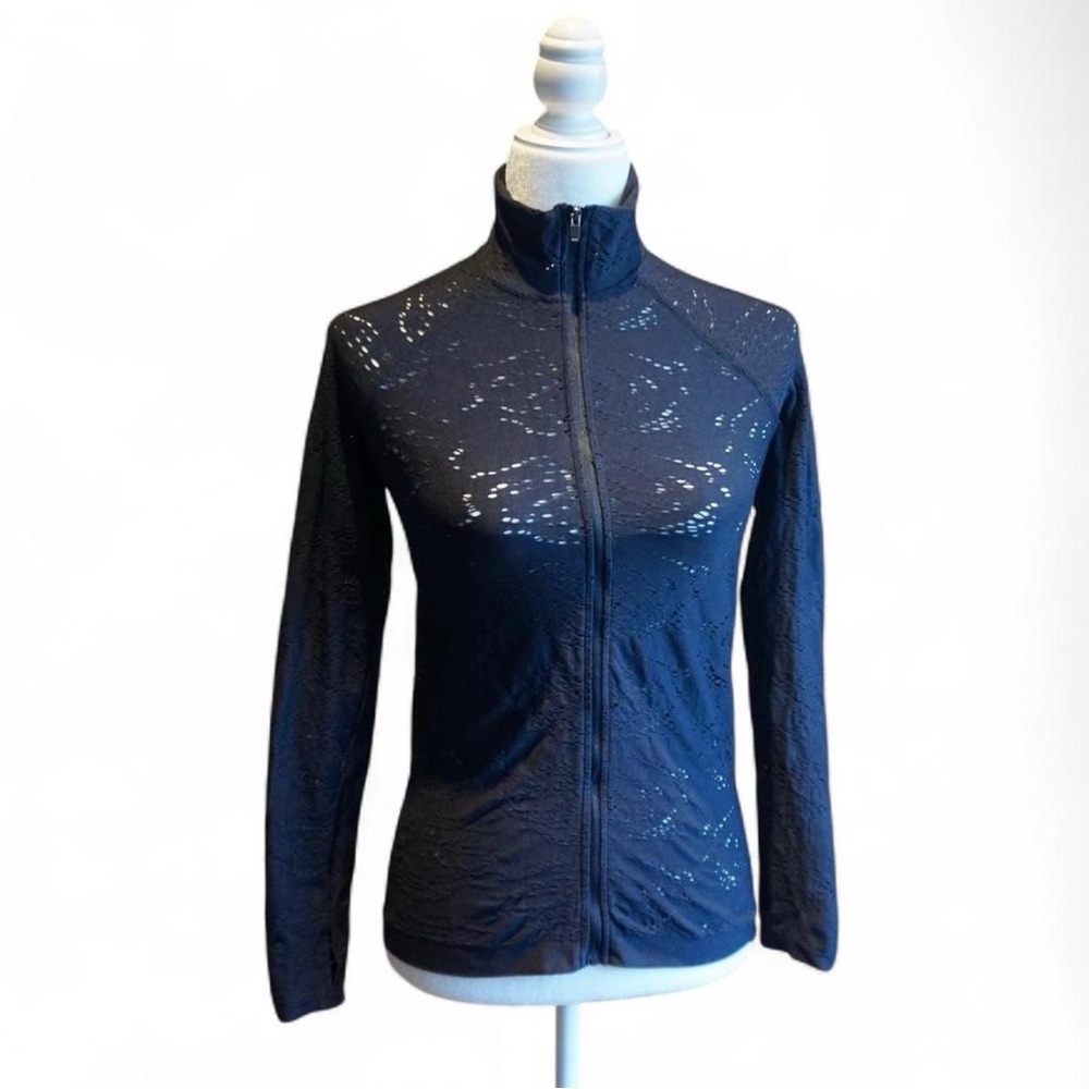 💚 Black Long Sleeve Lace Cut Out Workout Zip Up Jacket Top